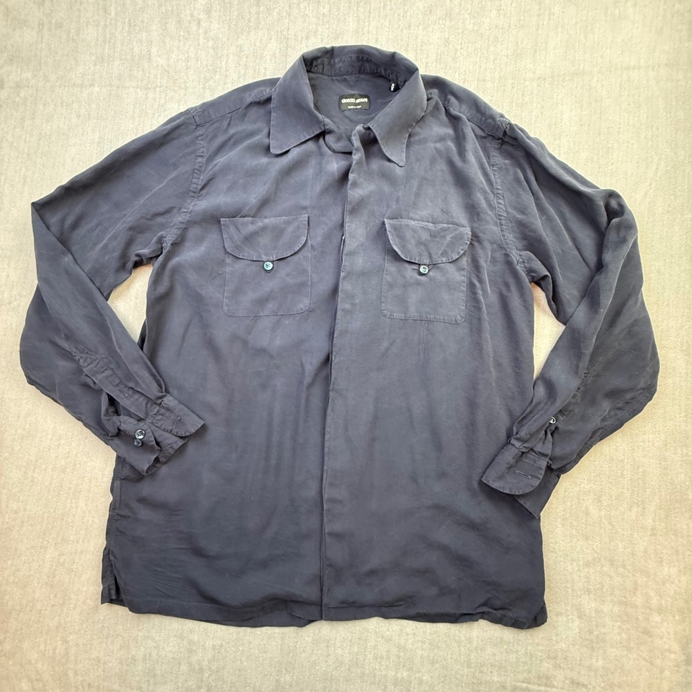 Giorgio Armani Mens Navy Blue Lyocell Silk Button Long Sleeve Shirt 16/41 - Picture 3 of 8